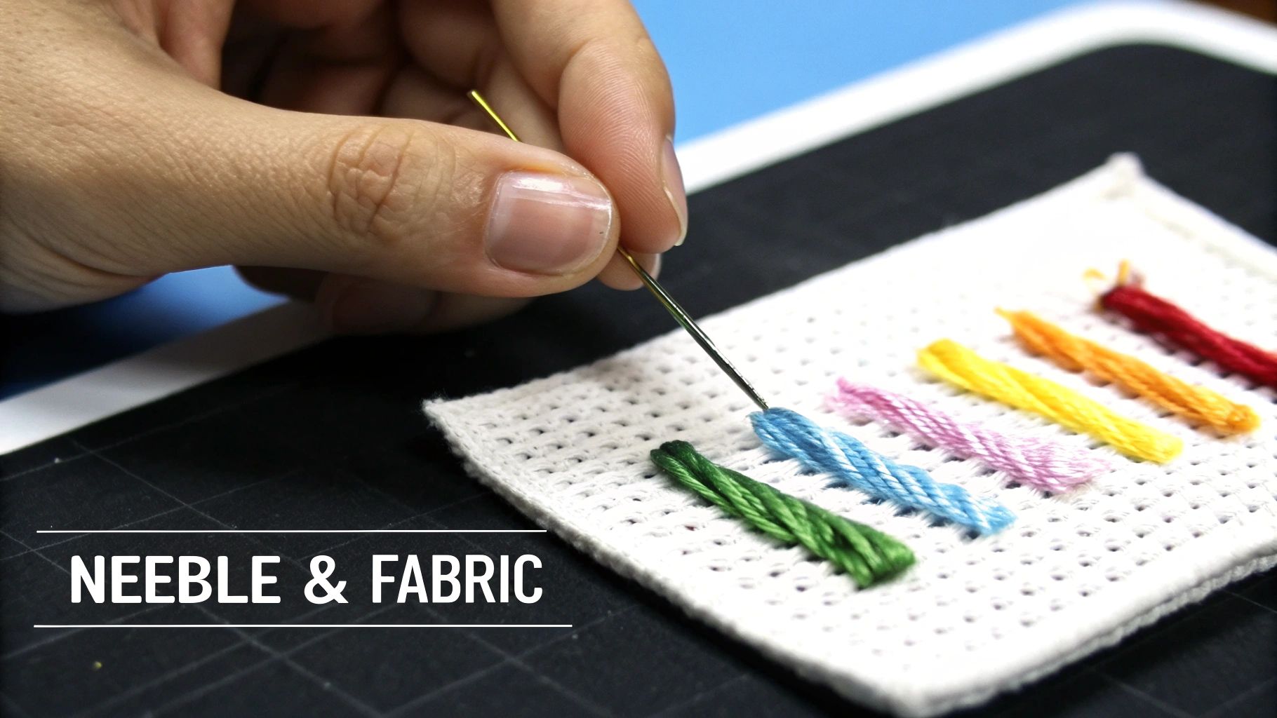 A hand holds a golden needle, embroidering colorful floss into a white fabric, with text 'NEEBLE & FABRIC'.