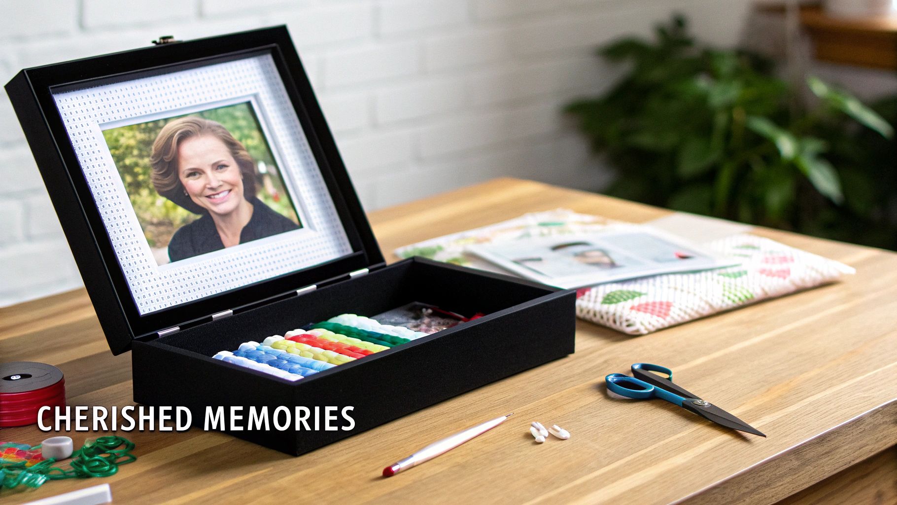 An open black memory box displays a framed photo of a smiling woman, surrounded by colorful craft supplies on a wooden table.