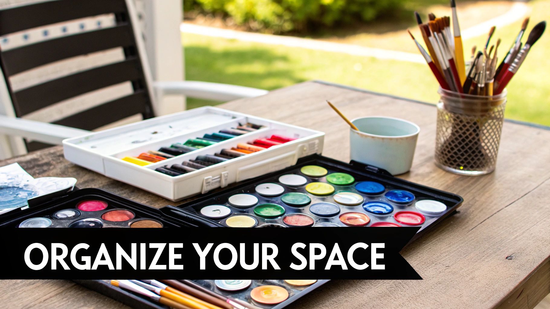 A vibrant collection of art supplies, including watercolors, pastels, and paintbrushes, organized on a wooden table outdoors.