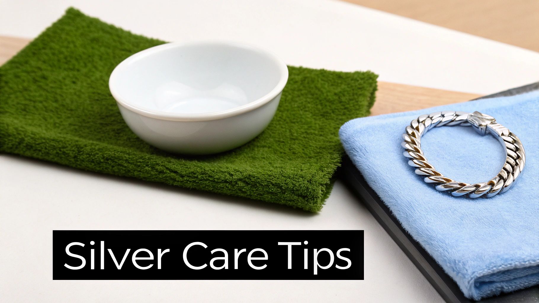 A woman cleaning her 925 sterling silver jewelry with a soft cloth.