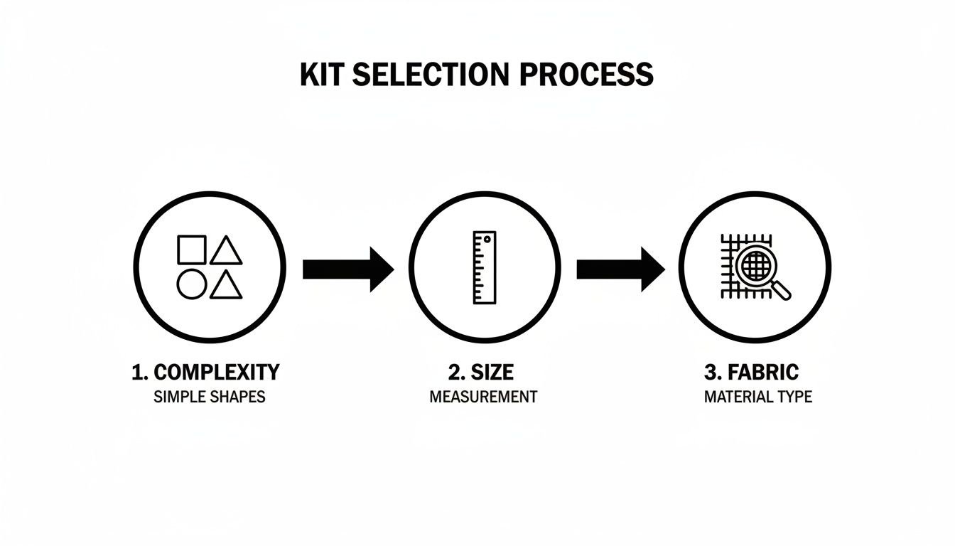 A visual guide illustrating a three-step kit selection process, covering complexity, size, and fabric.