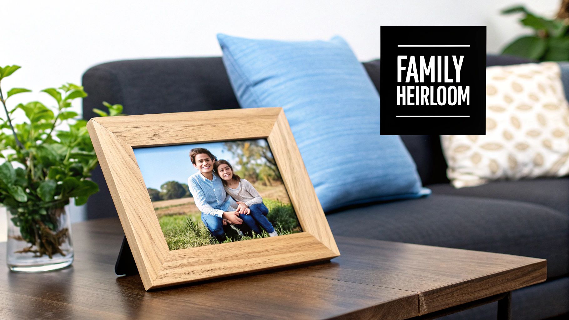 A family happily opening thoughtful gifts together in a cozy living room.