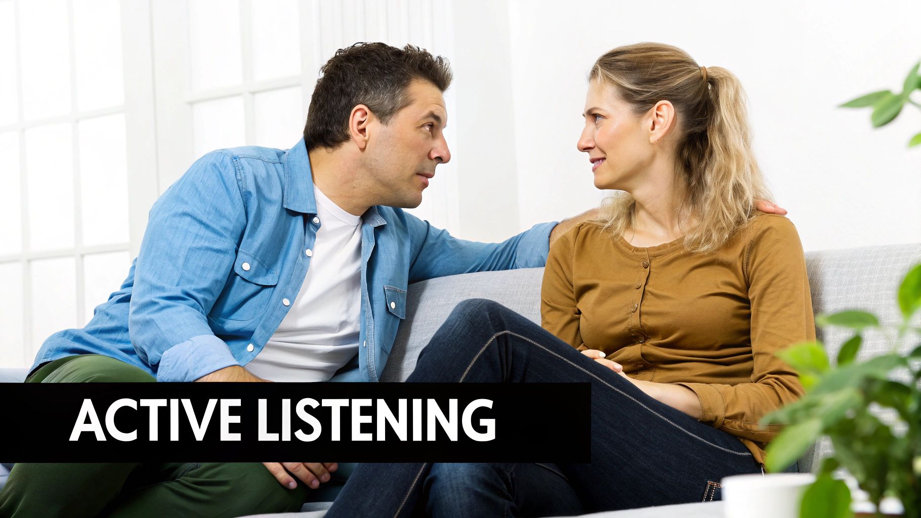 A happy couple laughing and talking while sitting on a couch, showing effective communication.