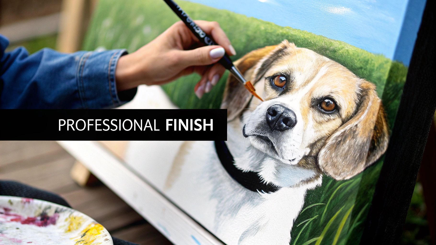 A finished paint-by-numbers portrait of a cat being sealed with a clear varnish.