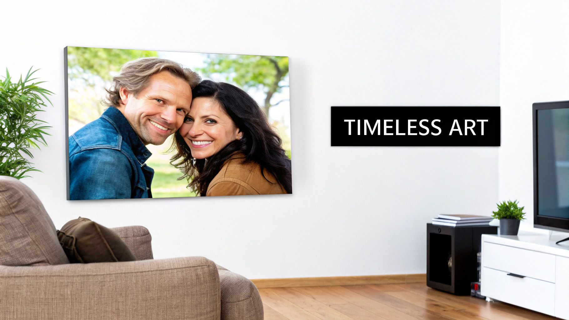 A large canvas print of a smiling couple hangs on a white wall in a modern living room.