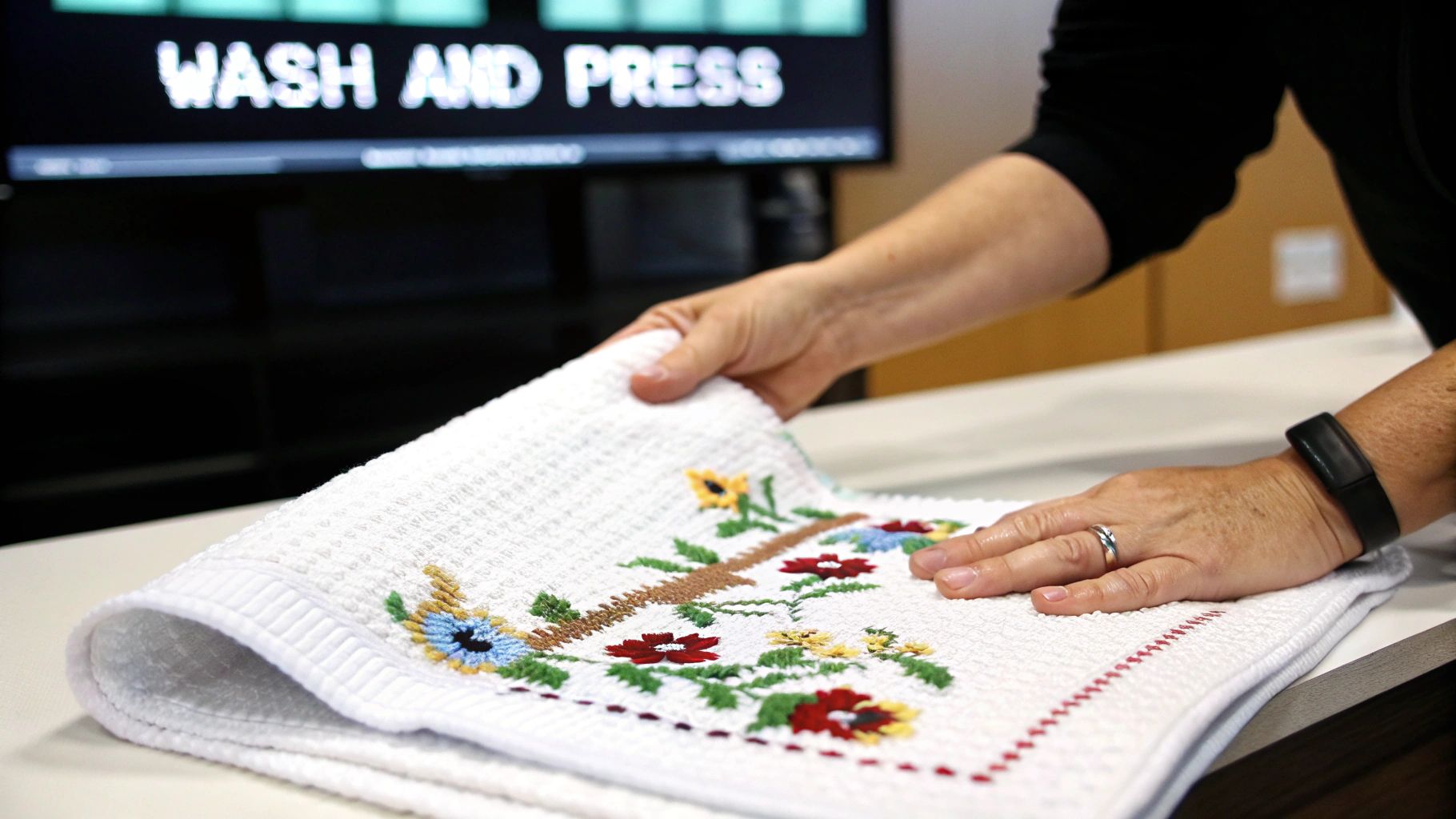 A cross stitch piece soaking in a bowl of soapy water.