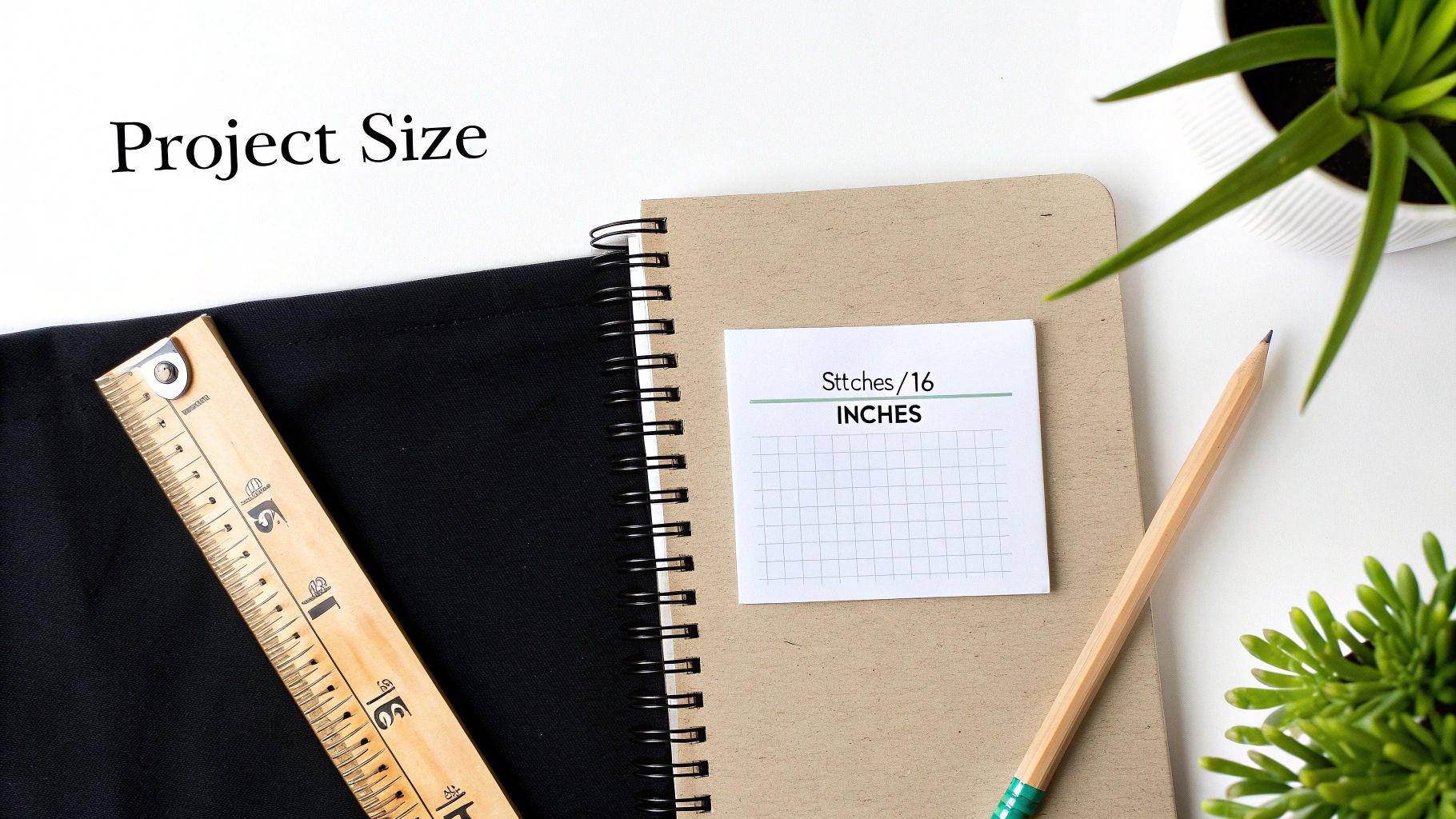 Top-down view of a crafting workspace with a ruler, black fabric, and a 'Stitches / Inches' guide.