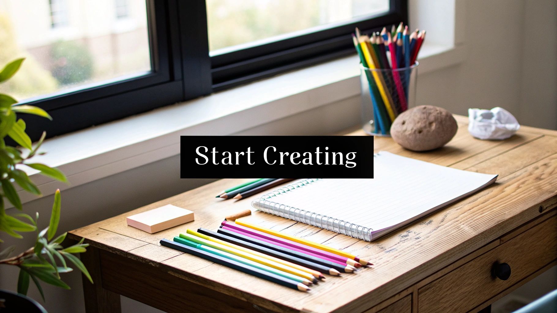 A well-lit wooden desk by a window with art supplies, a notebook, and a plant, encouraging creativity.