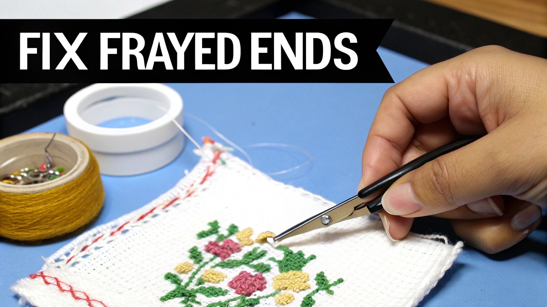 A hand uses tweezers to fix frayed threads on an embroidered cross-stitch fabric with floral patterns.