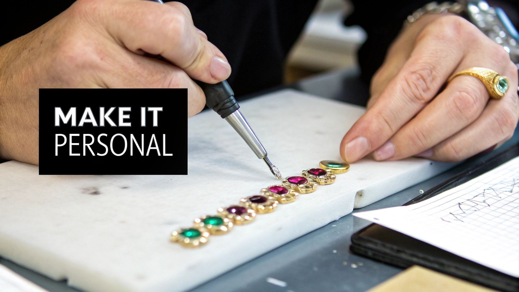 A grandmother smiling while looking at her personalized necklace.