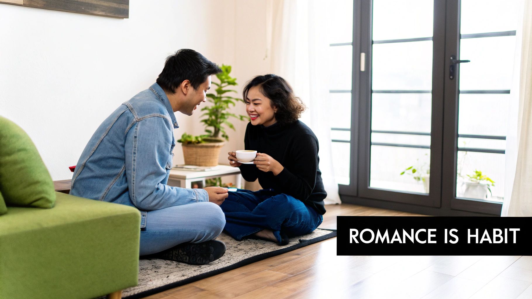 A happy Asian couple sits on the floor at home, smiling and sharing a warm moment.