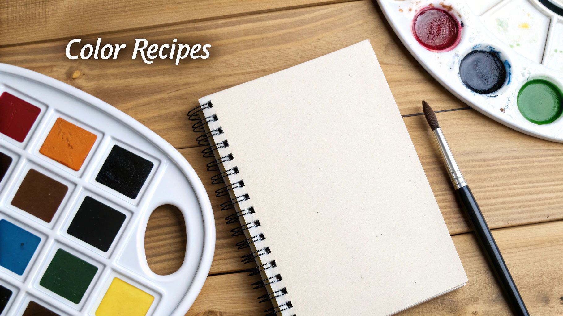 Watercolor paints, a sketchbook, and a brush on a wooden table with "Color Recipes" text.