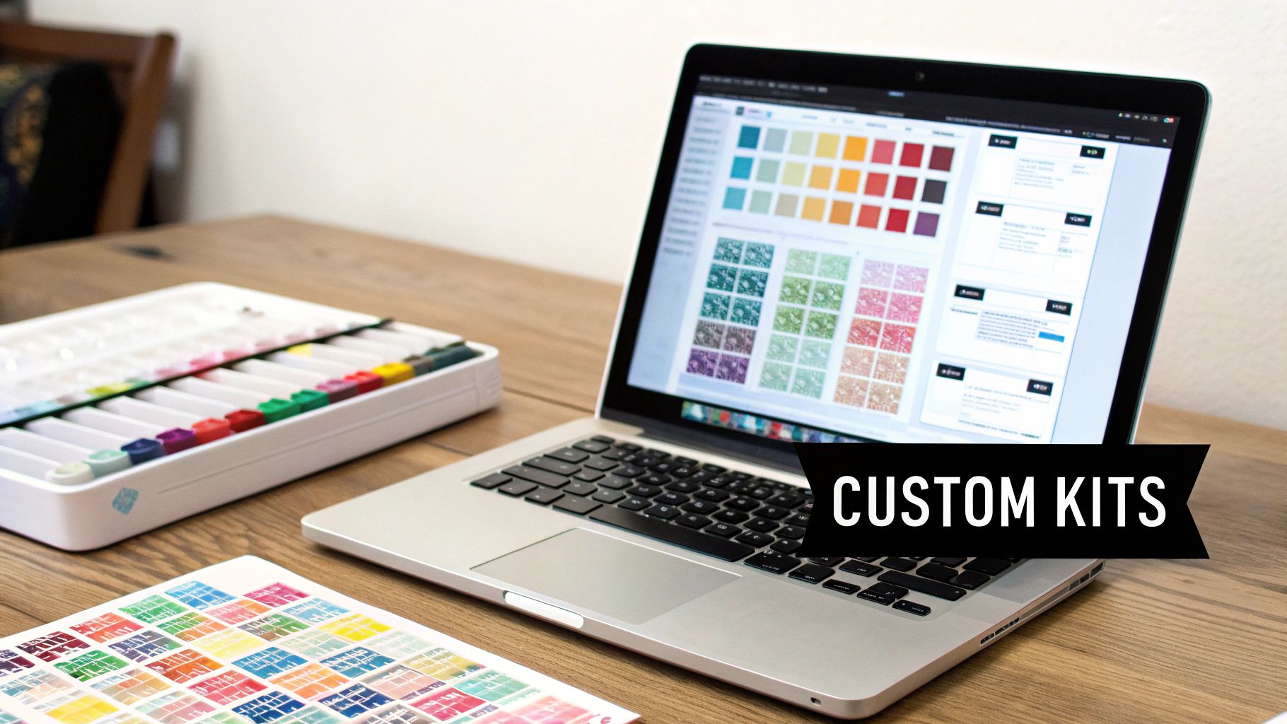 A laptop displaying color palettes and patterns alongside a watercolor kit and printed swatches on a wooden table.