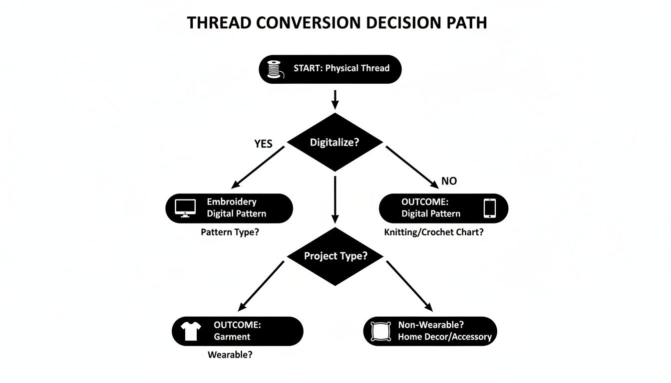 Flowchart illustrating the thread conversion decision path from physical thread to digital patterns and project types.