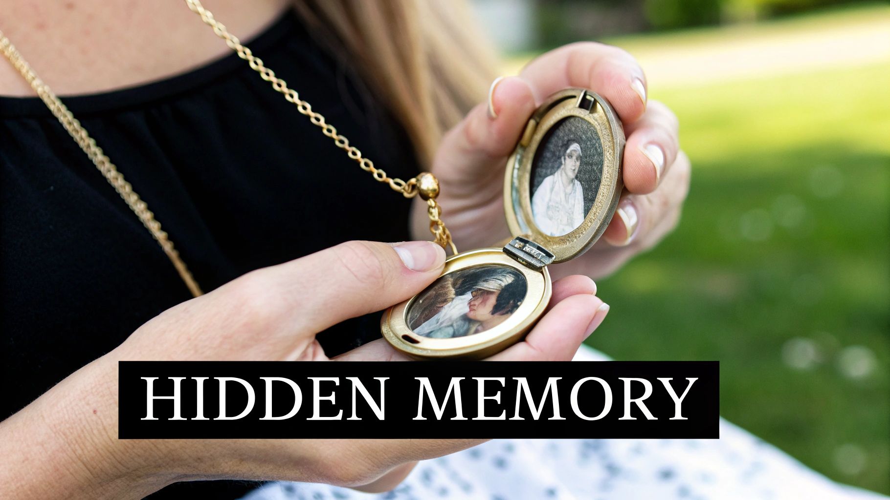 A woman wearing a Hidden Forever projection necklace