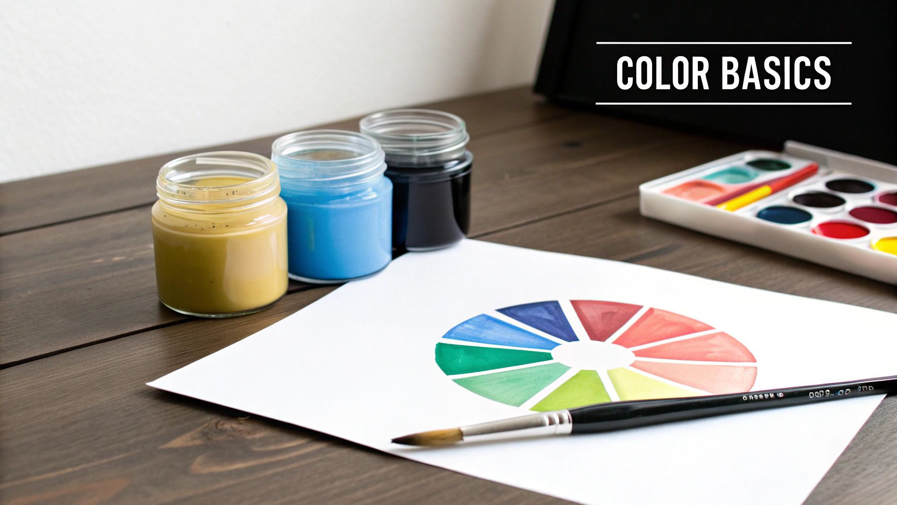 Art supplies on a wooden desk: paint jars, a color wheel, watercolor palette, and brush for color basics.
