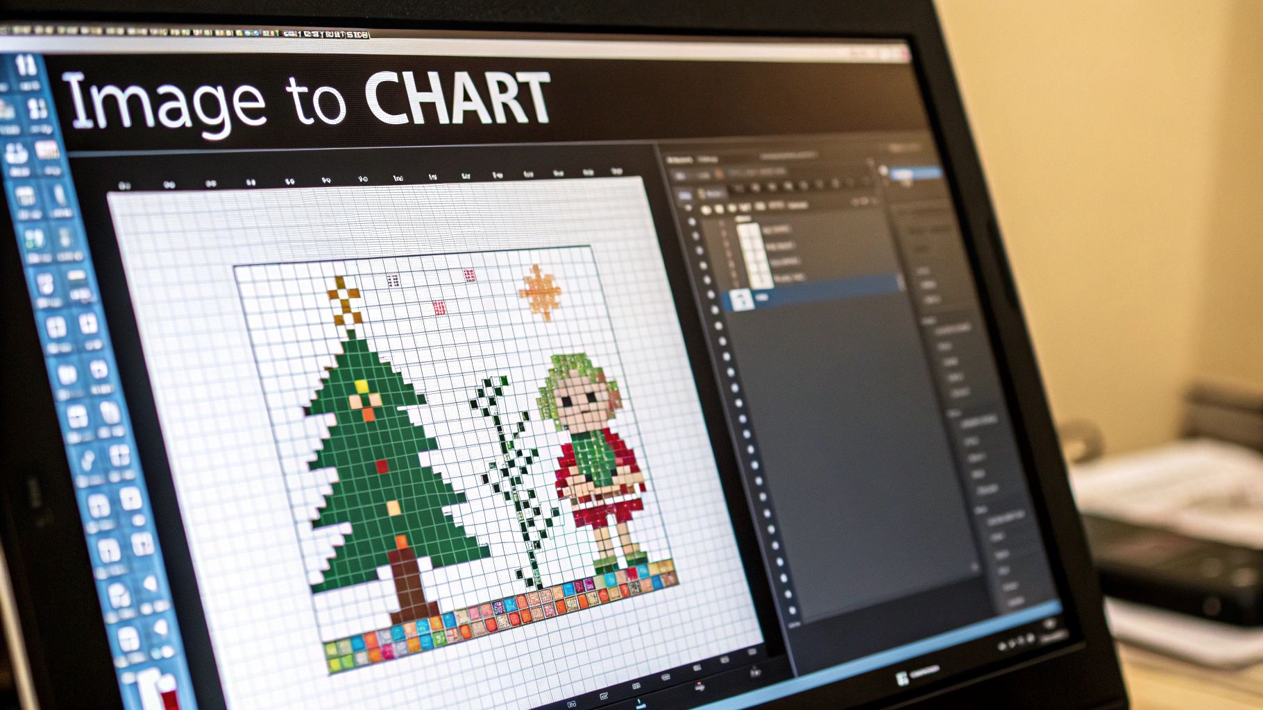 A digital cross stitch pattern displayed on a tablet screen, showing colored squares and symbols.