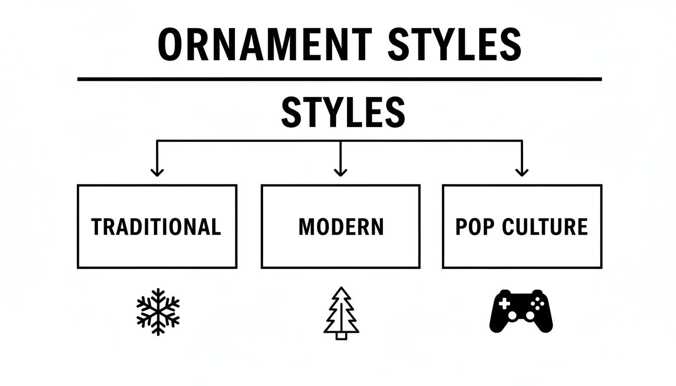 A diagram categorizing ornament styles: Traditional with a snowflake, Modern with a tree, and Pop Culture with a game controller icon.