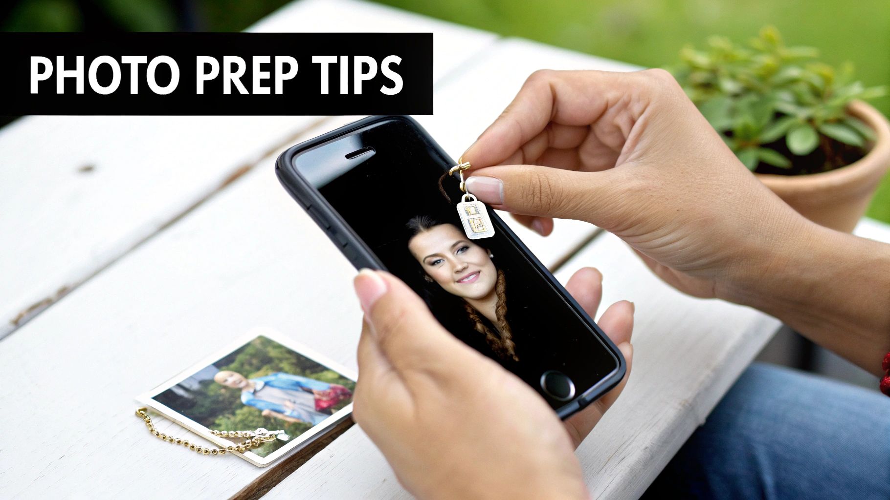 A person holds a smartphone displaying a woman's photo, preparing it for a personalized locket.