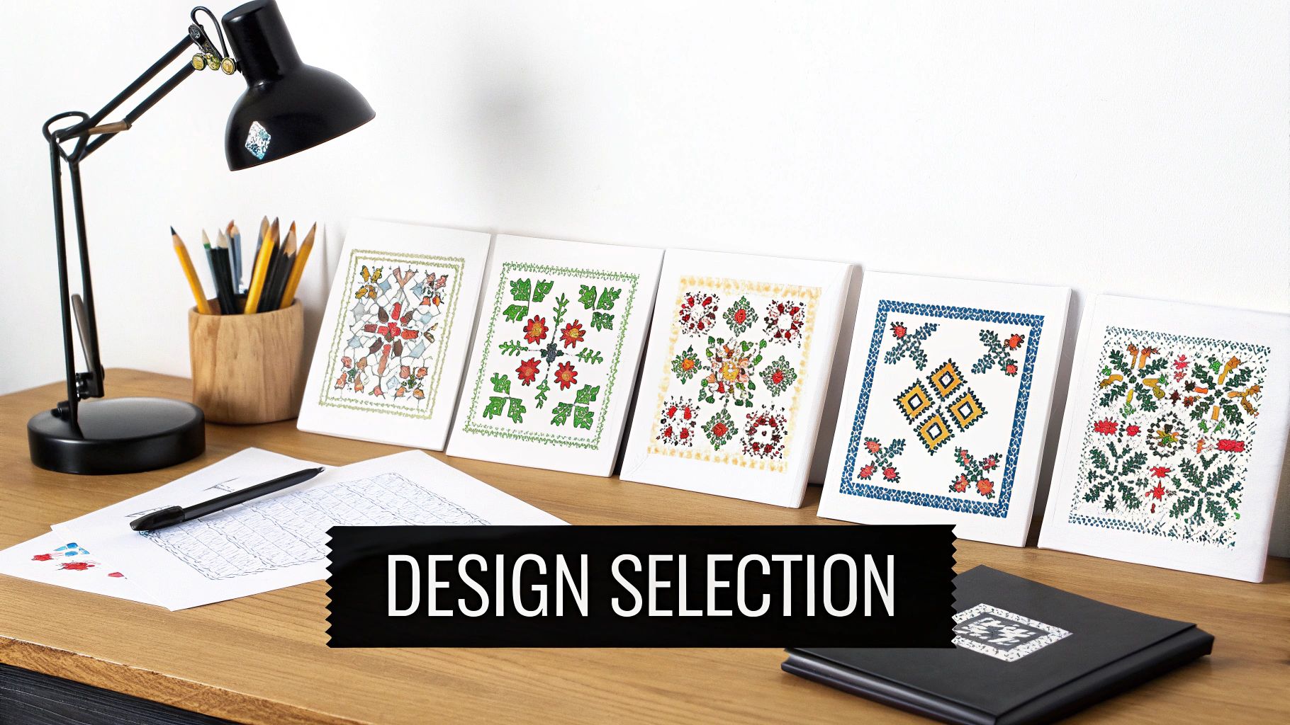 A hand-drawn cross stitch pattern on graph paper with colored pencils nearby.