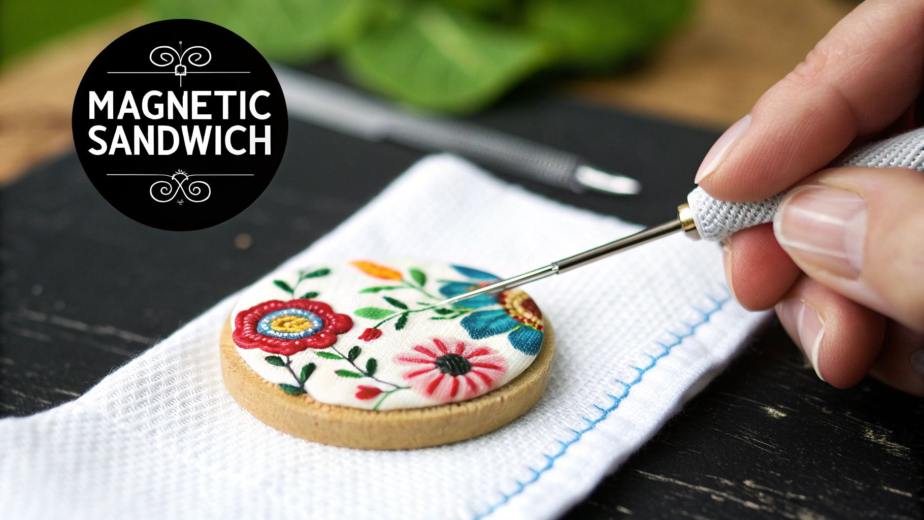 A hand uses a fine tool on a round, floral embroidered needle minder resting on white fabric.