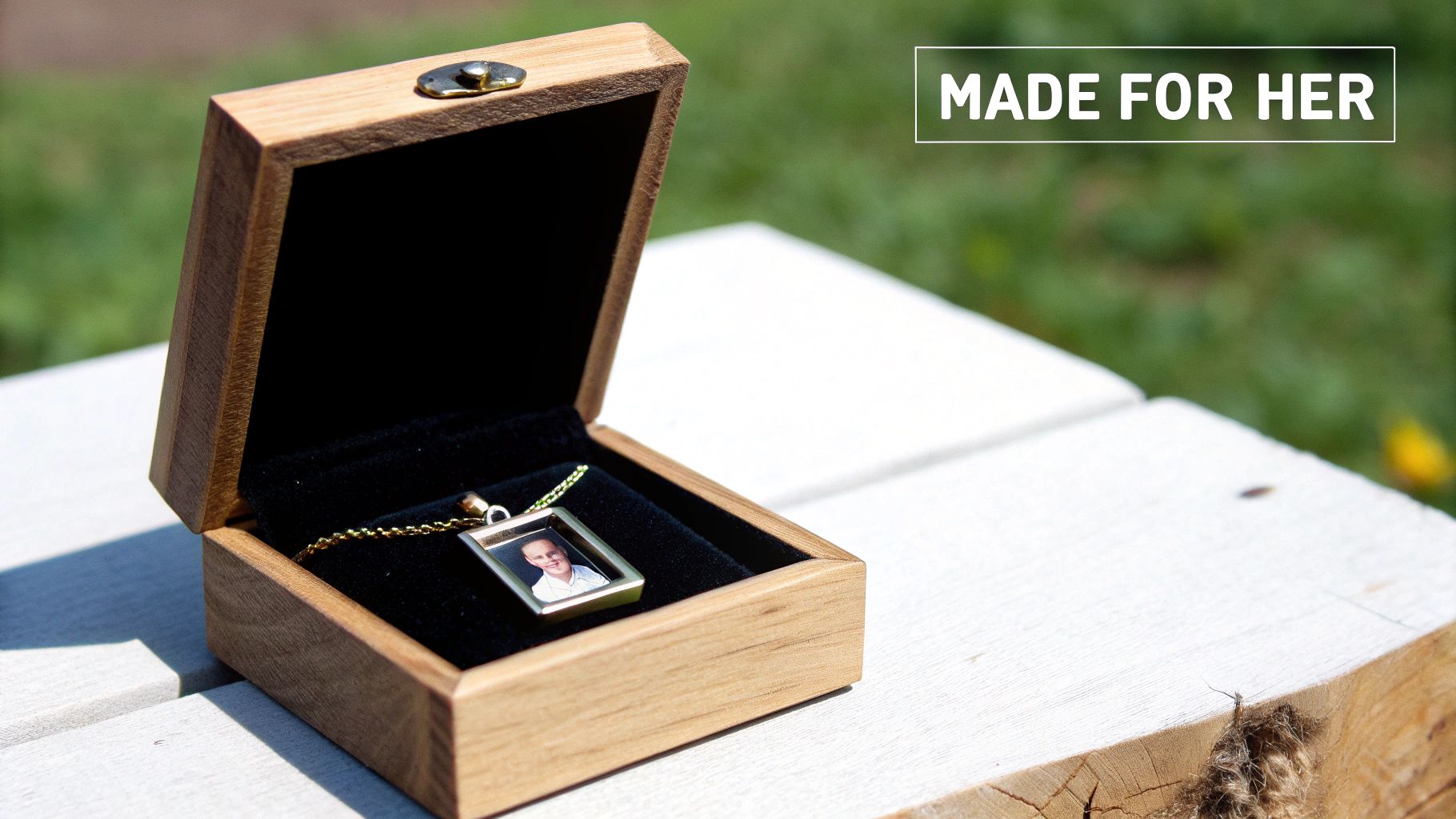 Personalized photo pendant necklace in wooden gift box with black velvet lining for wife