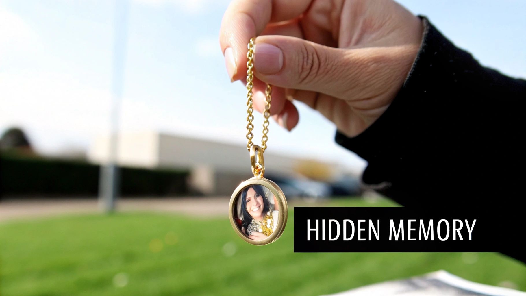 A hand holds a gold locket on a chain, displaying a photo of a smiling woman outdoors.
