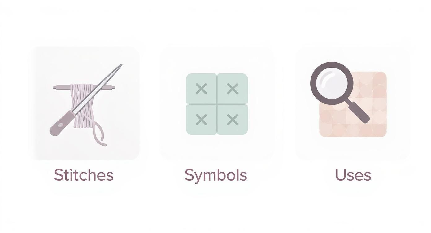 Three icons representing stitches, symbols, and uses for cross-stitch or needlecraft patterns.