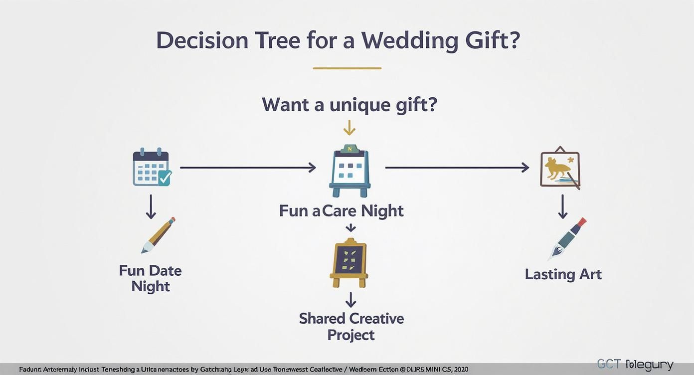 Decision tree illustrating wedding gift ideas, including fun date night, art experiences, and lasting art.