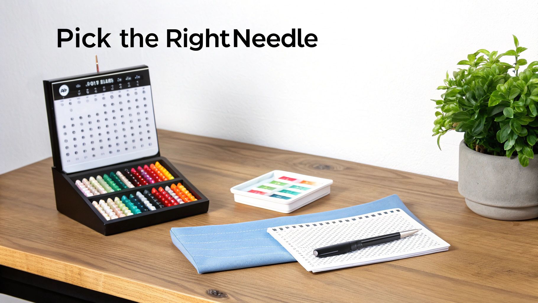 A collection of various cross stitch needles organized in a case, showing different sizes and types.