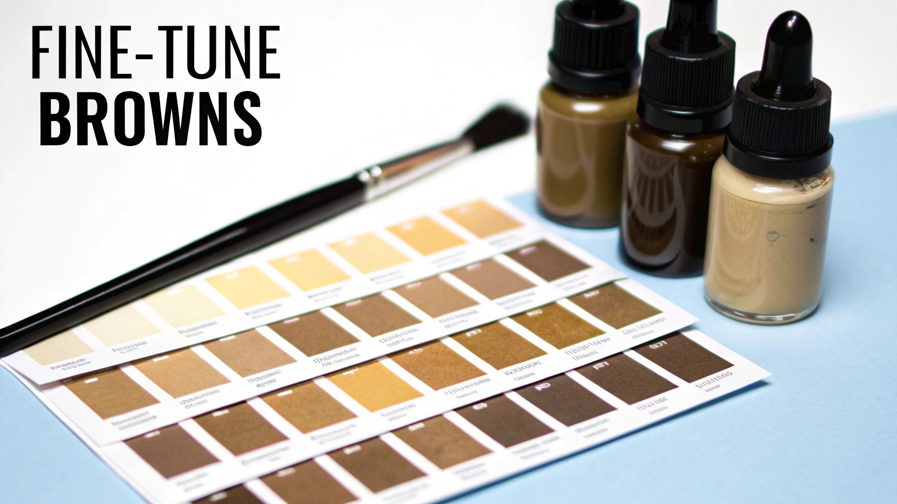 A color palette showcasing various brown shades next to cosmetic bottles and a brush.