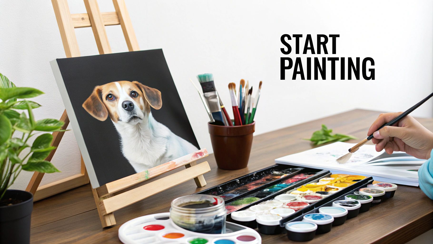 A finished paint by number pet portrait displayed in a frame on a wall.