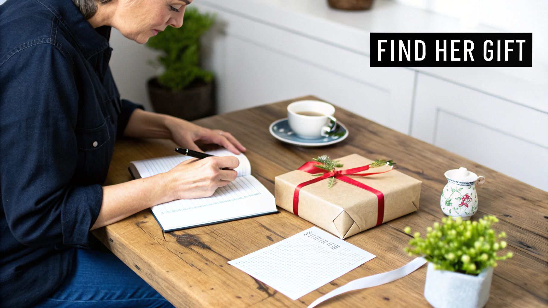 A woman writes in a notebook, planning a gift with a wrapped box and tea on a wooden table.