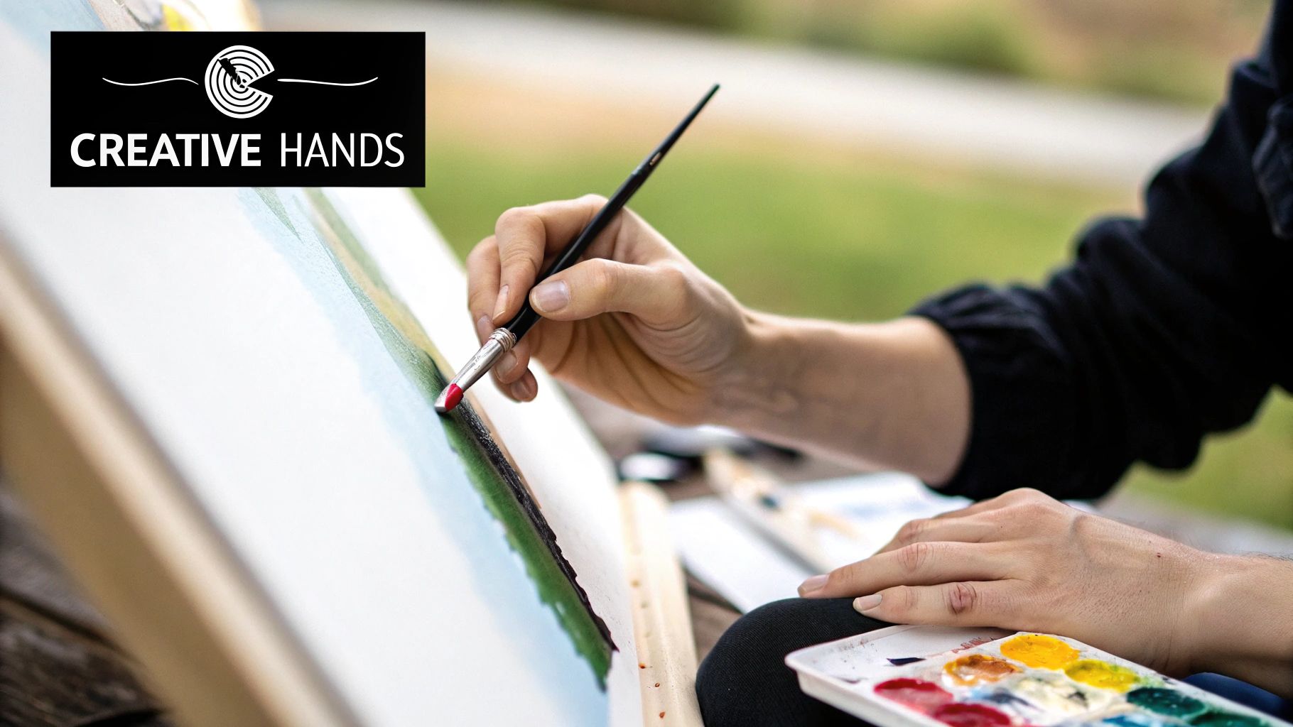 A painter's hands delicately holding a brush over a colorful paint-by-numbers canvas.