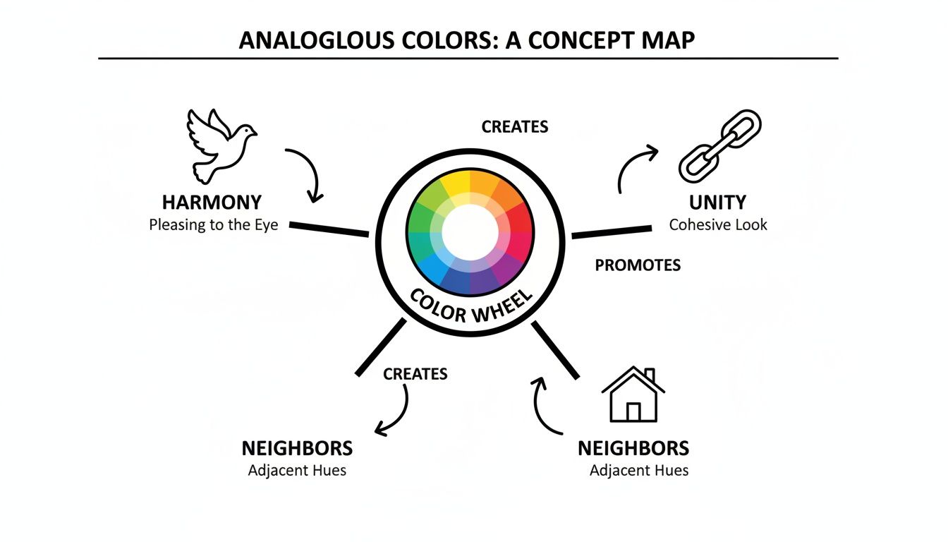 A concept map illustrating analogous colors, showing how they create harmony and unity with adjacent hues on a color wheel.