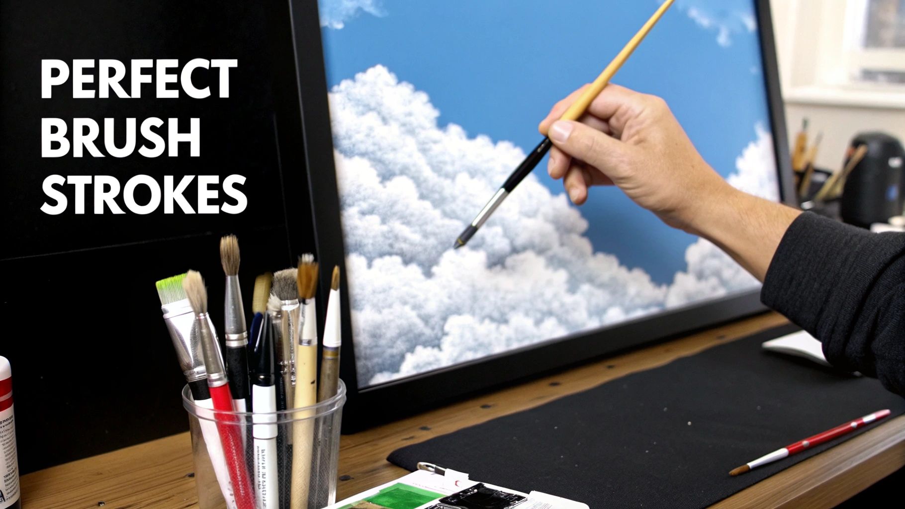 A person painting a detailed section of a paint by number canvas with a fine brush