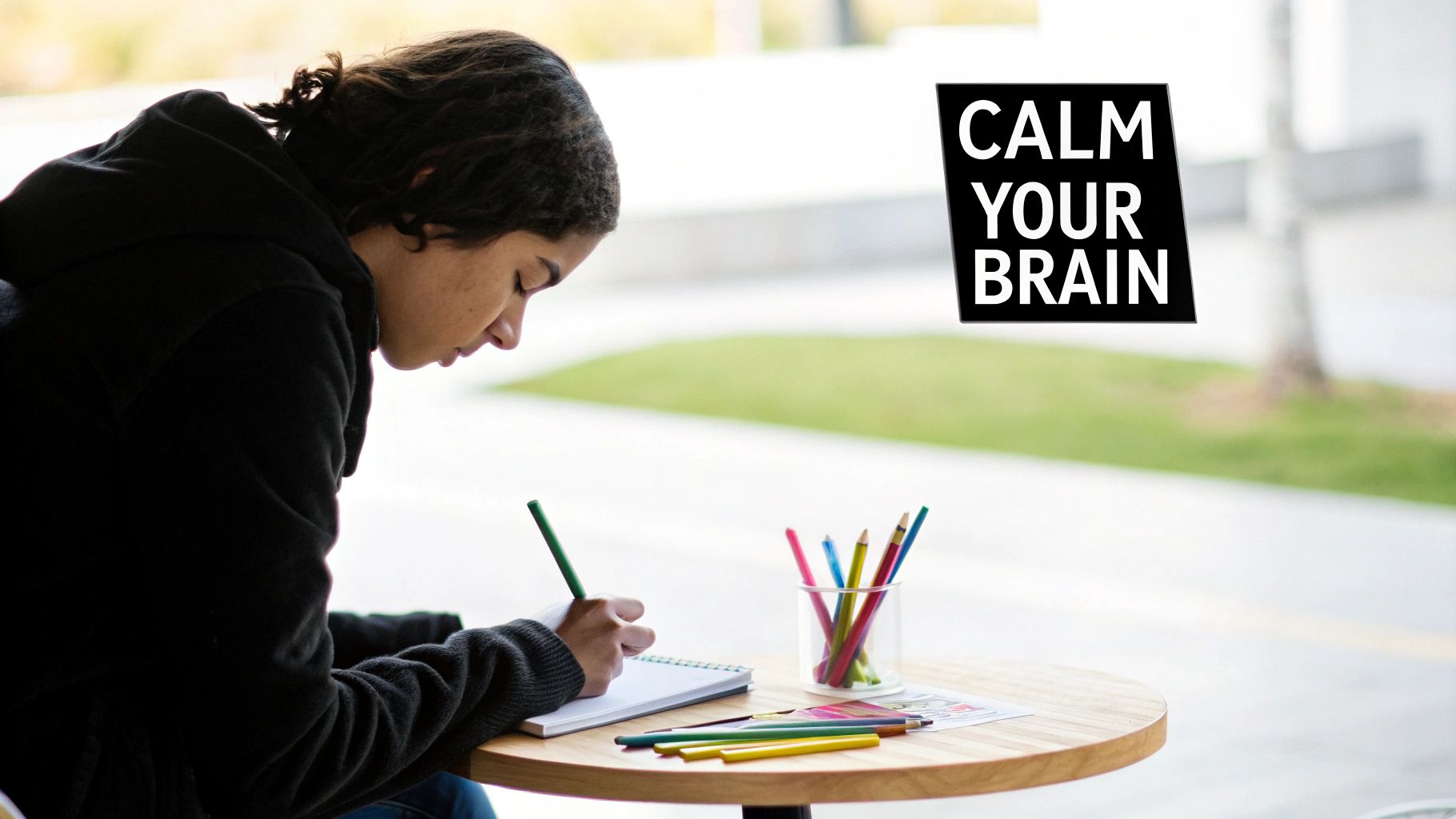 Person drawing with colored pencils at a table, promoting calm with 'CALM YOUR BRAIN' text.