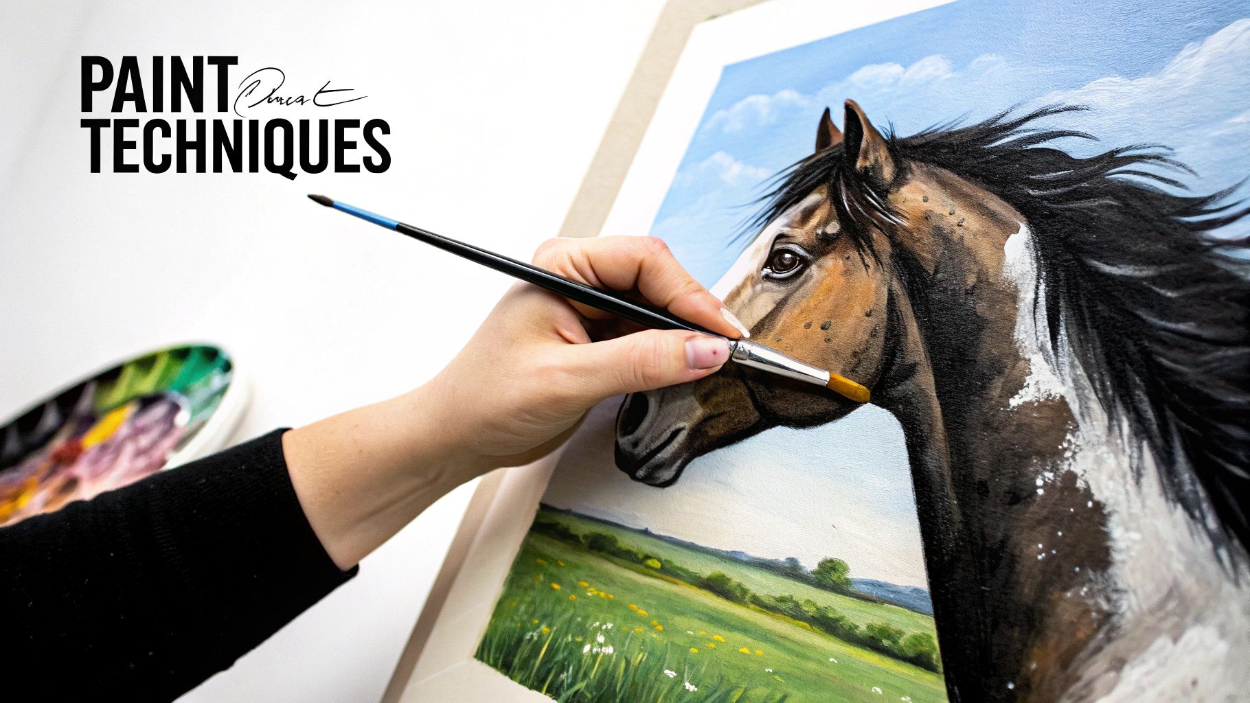 Artist hand painting detailed horse portrait using brush on canvas demonstrating paint techniques