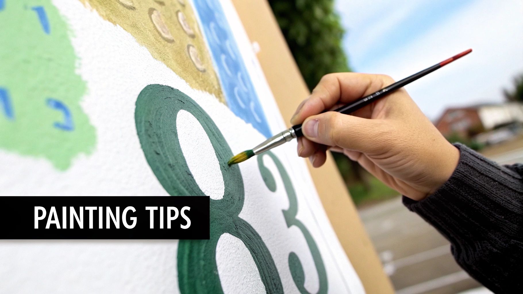 Close-up of a hand painting a large green number on a white canvas with a paintbrush.