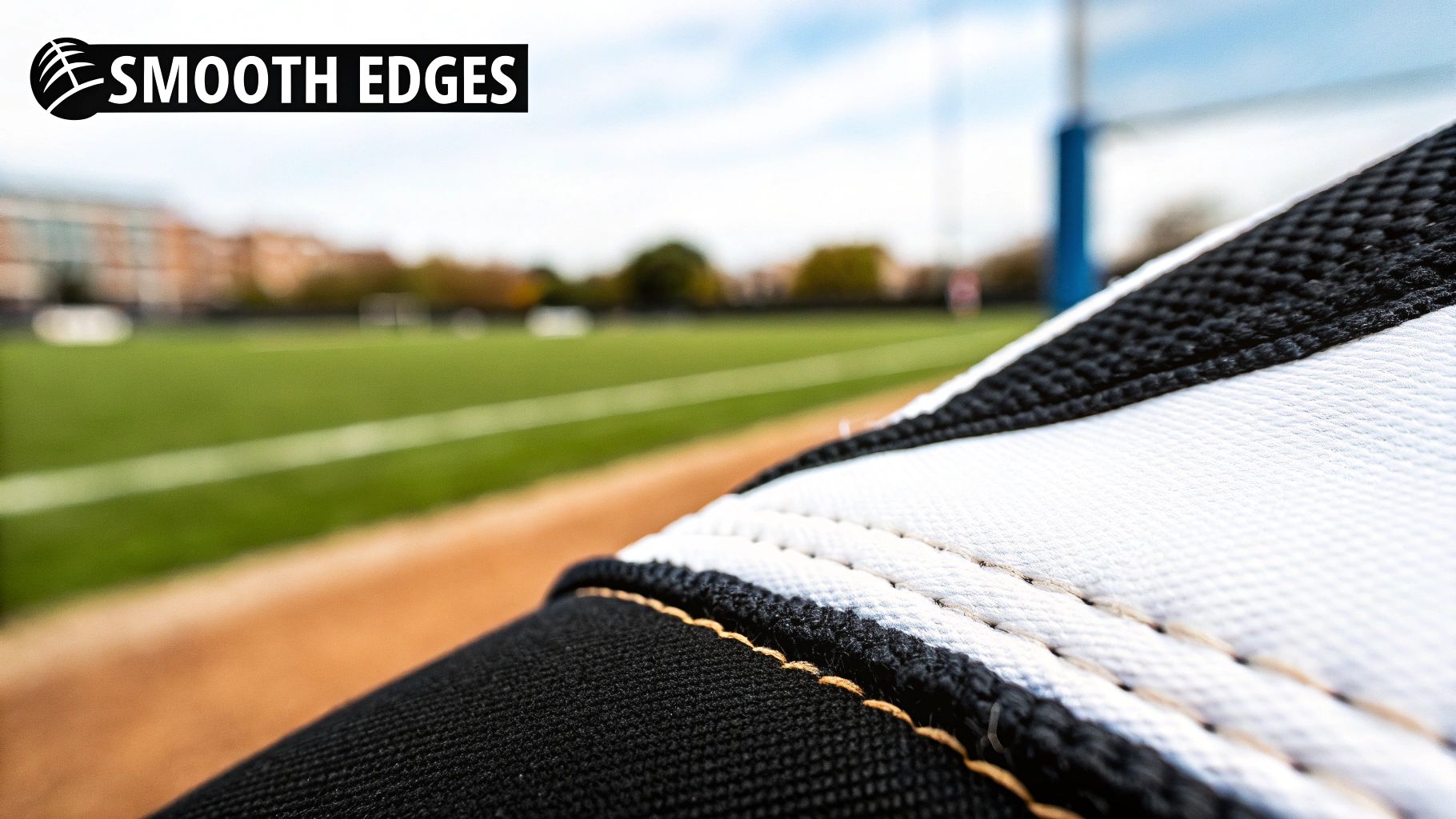 Close-up of black and white textured fabric with stitching, overlooking a blurred sports field, with 'SMOOTH EDGES' logo.
