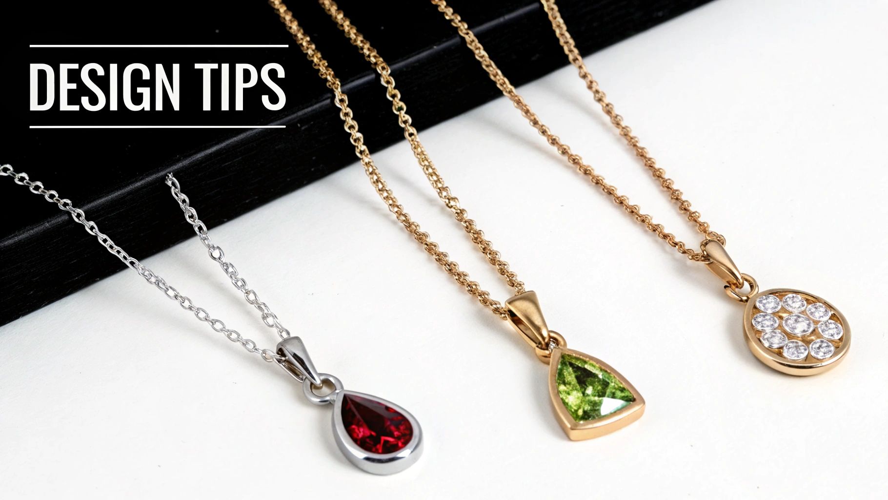 Three elegant necklaces with gemstone pendants: a red teardrop, a green triangle, and a clear oval.