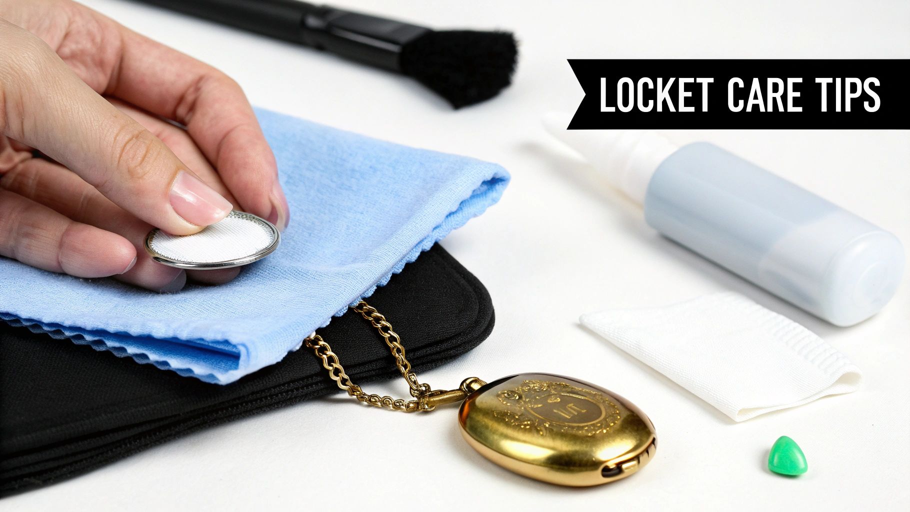 Hand cleaning a locket component with a cloth, alongside other locket care essentials.