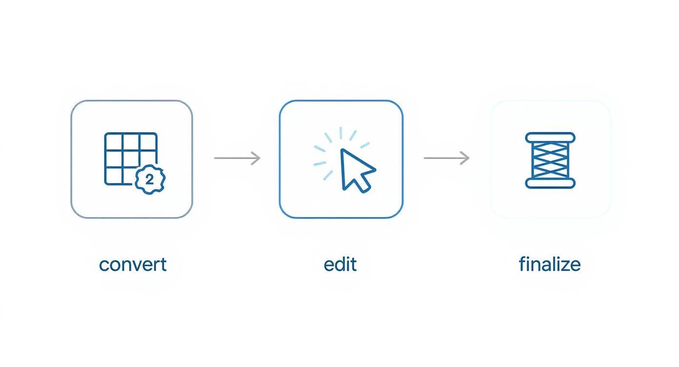 Infographic showing the three-step process to create a cross stitch pattern: Convert, Edit, Finalize.