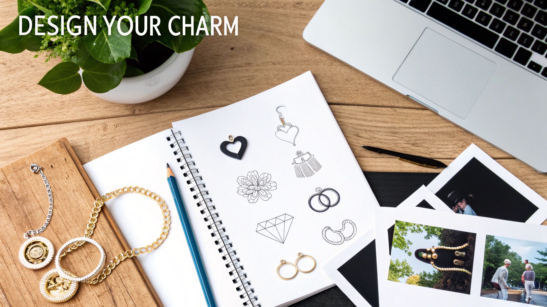 A person's hands holding a custom photo charm necklace, with a photo editor open on a laptop in the background.