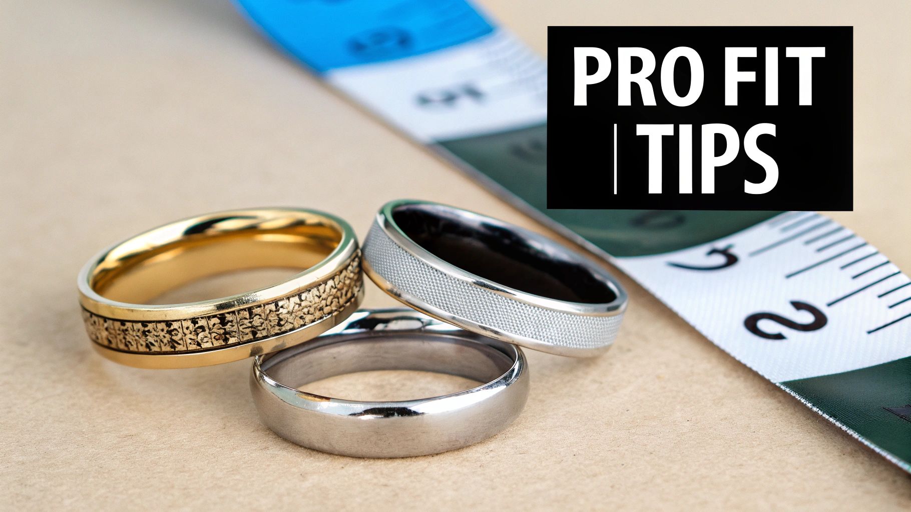 Three men's rings (gold and silver) on a surface with a measuring tape and 'PRO FIT TIPS' text.
