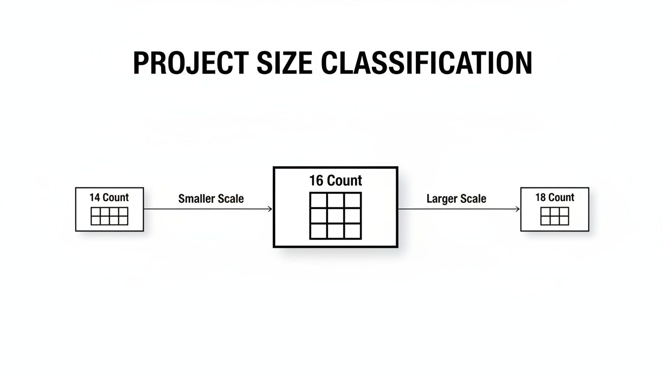 Diagram illustrating project size classification, showing 14 count as smaller scale, 16 count as medium, and 18 count as larger scale.