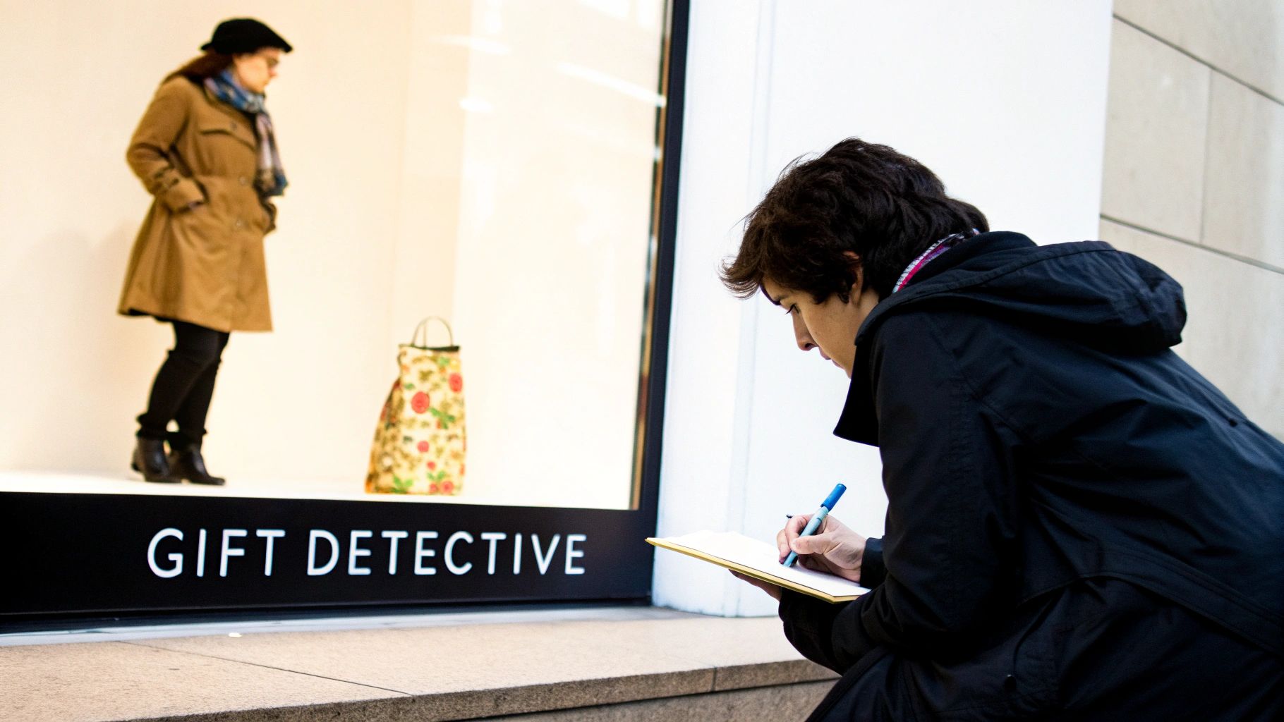 A person in a black coat writes on a notepad with a blue pen, next to a window display that says 'GIFT DETECTIVE'.