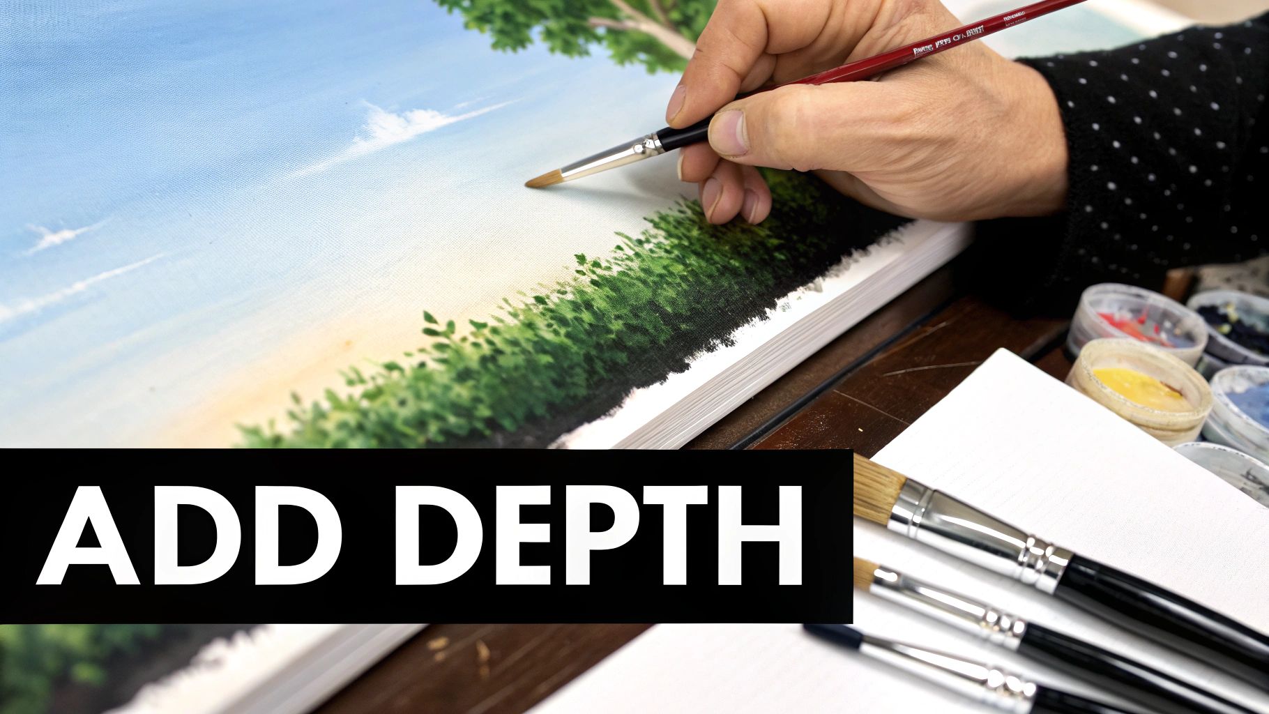 Close-up of an artist's hand painting a landscape with green bushes and a blue sky.