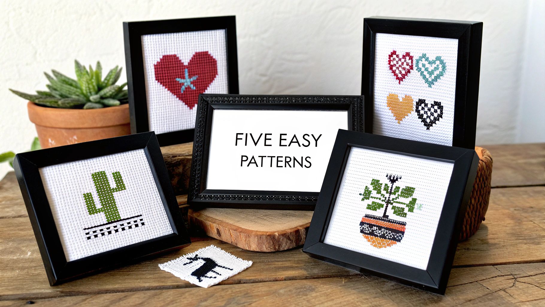 A person's hands holding a finished cross stitch project in a wooden hoop, showing a colorful floral design.