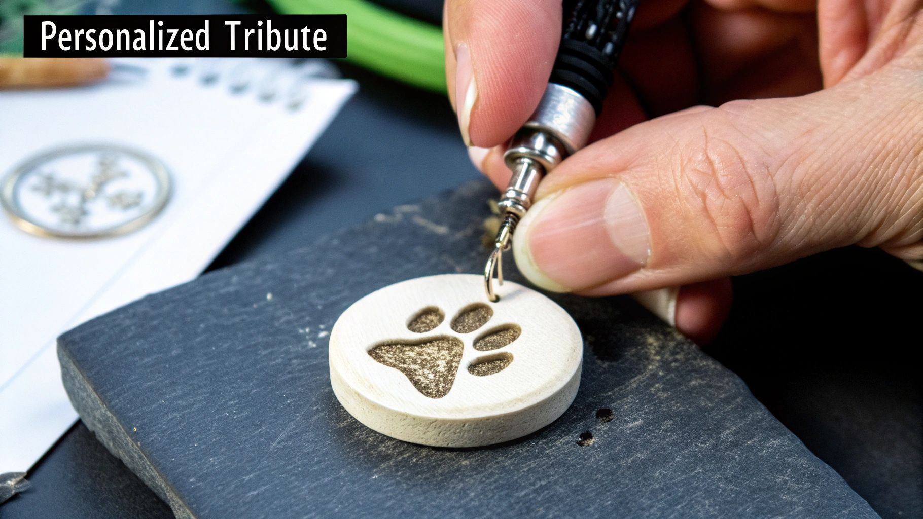 A person's hand holding a personalized pet memorial necklace against a soft, blurred background.